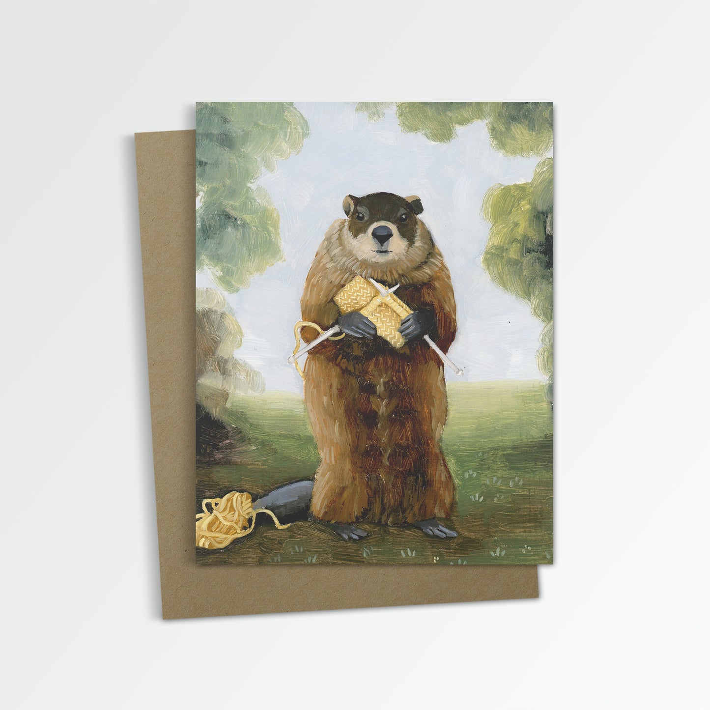 Groundhog Knitting Notecard (Blank Inside)