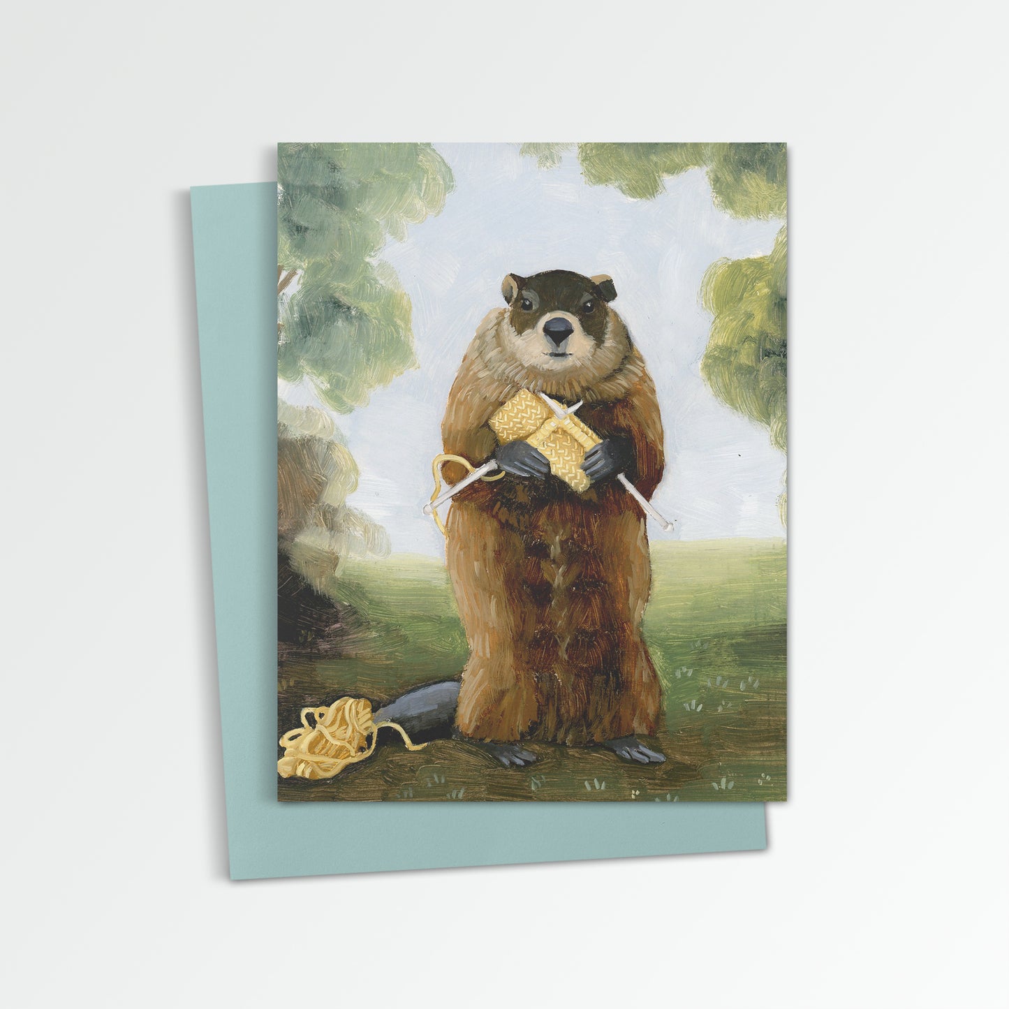 Groundhog Knitting Notecard (Blank Inside)