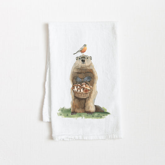 Flour Sack Tea Towel - Groundhog w/ Mushrooms