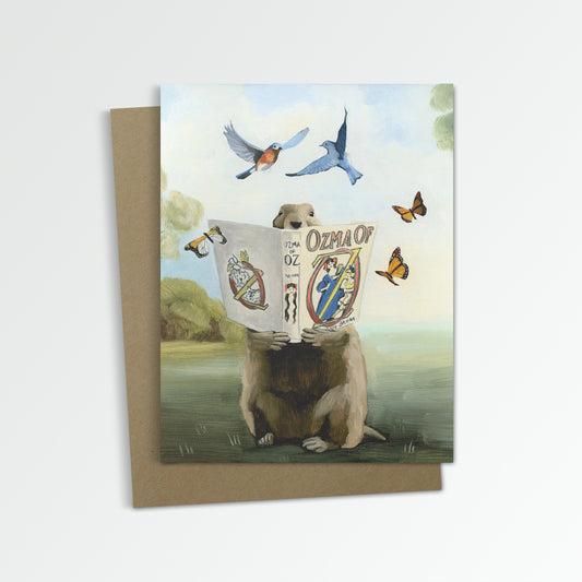 Groundhog Reading Ozma of Oz Notecard (Blank Inside)