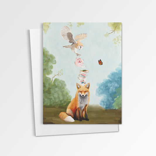 Fox and Owl w/ Teacups Notecard (Blank Inside)