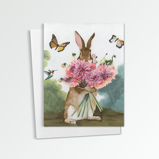 Rabbit w/ Pink Dahlias Notecard (Blank Inside)