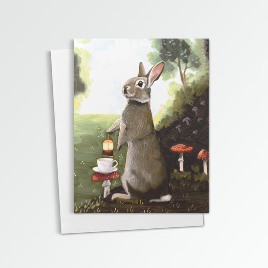 Rabbit w/ Toadstools and Tea Notecard (Blank Inside)