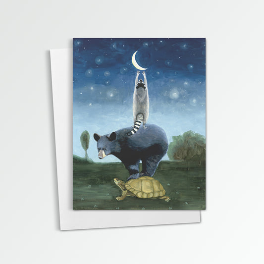 Turtle, Bear and Raccoon Reaching for the Moon Notecard (Blank Inside)