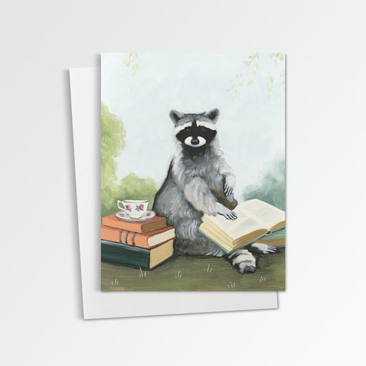 Raccoon w/ Tea and Books Notecard (Blank Inside)