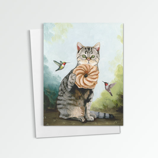 Tabby Cat w/ French Cruller Notecard (Blank Inside)