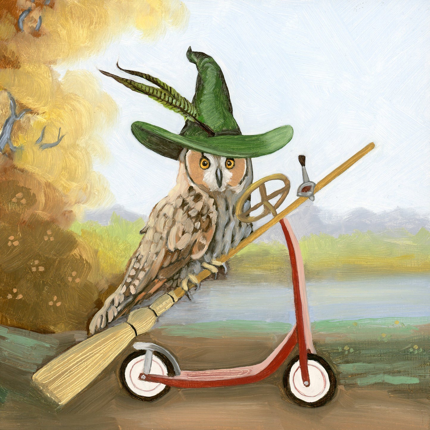 Owl w/ Broom-O-Cycle - 8x8 Original Oil Painting