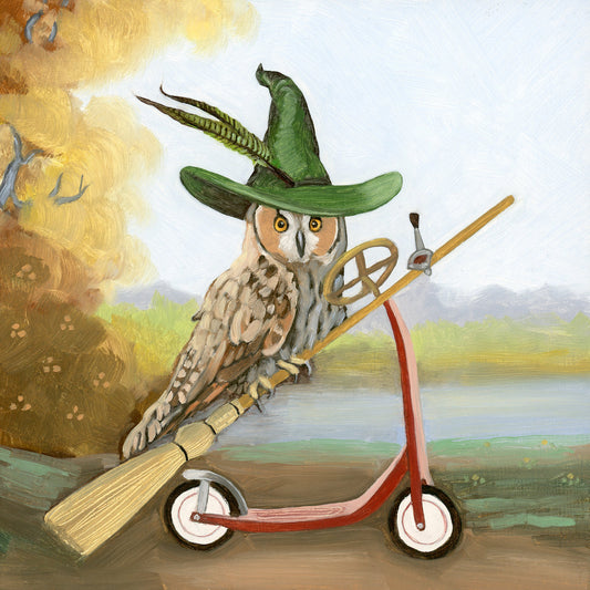 Owl w/ Broom-O-Cycle - 8x8 Original Oil Painting