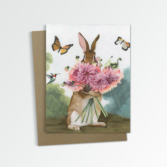 Rabbit w/ Pink Dahlias Notecard (Blank Inside)