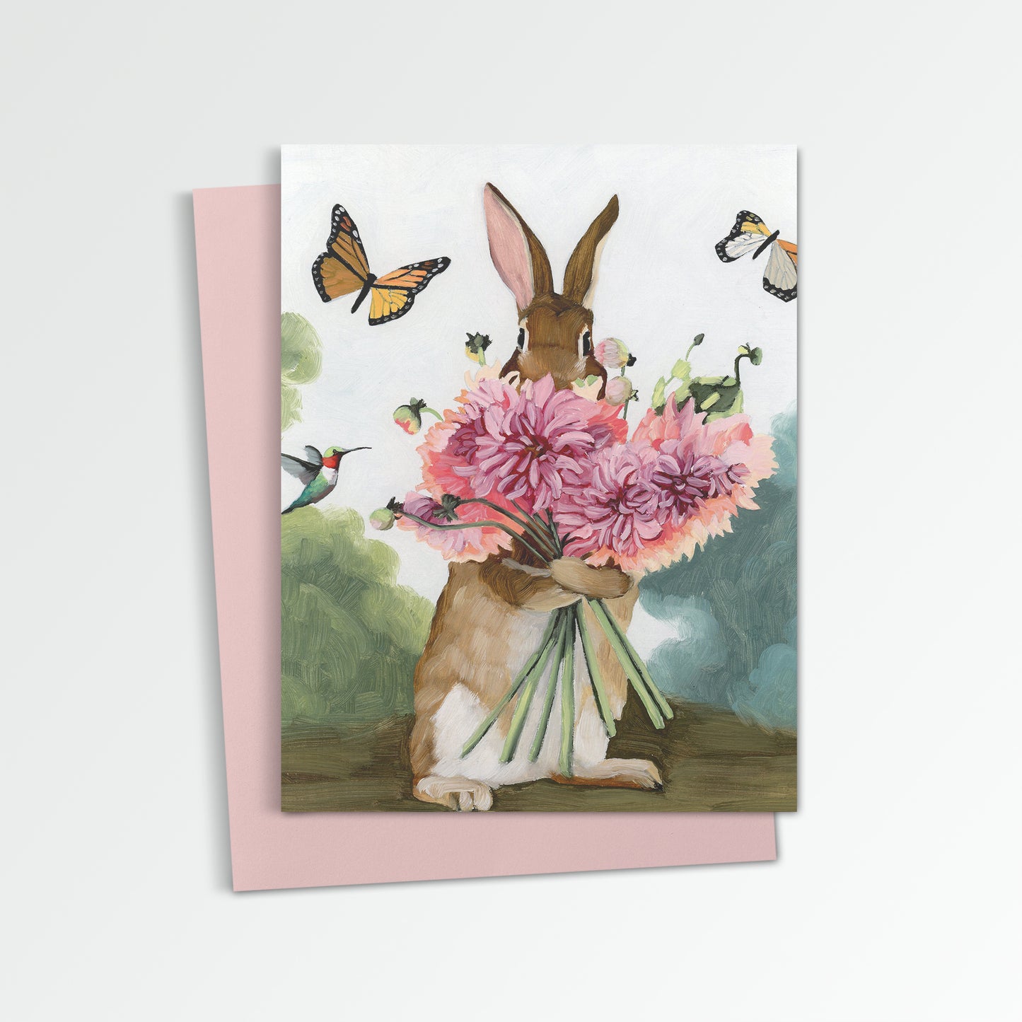 Rabbit w/ Pink Dahlias Notecard (Blank Inside)