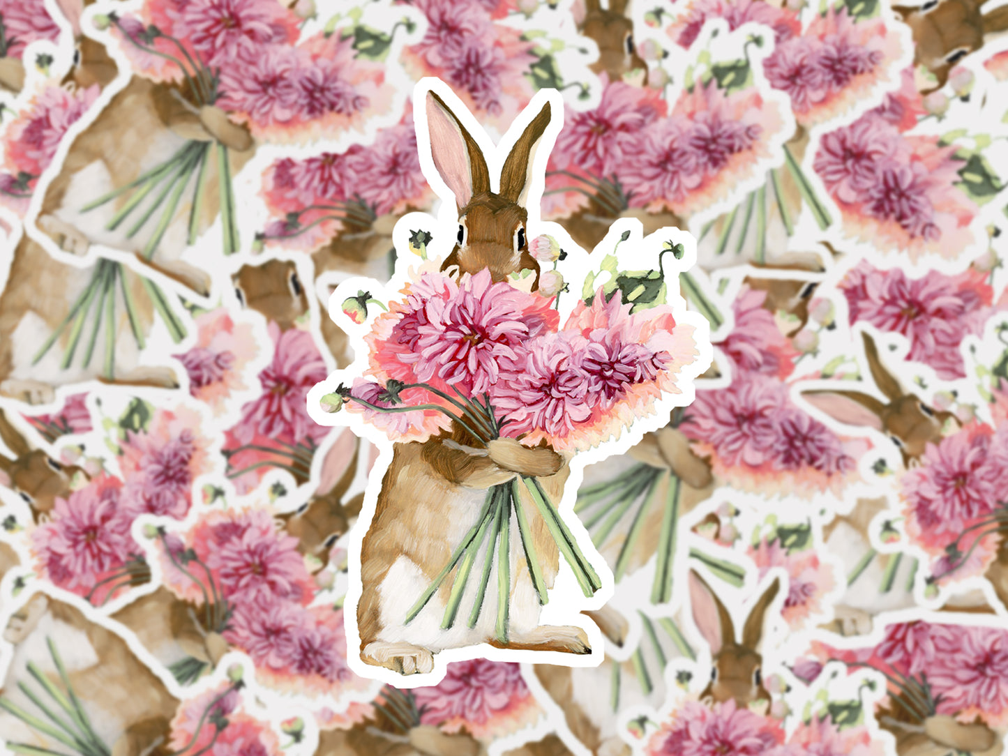 Rabbit w/ Pink Dahlias Vinyl Sticker