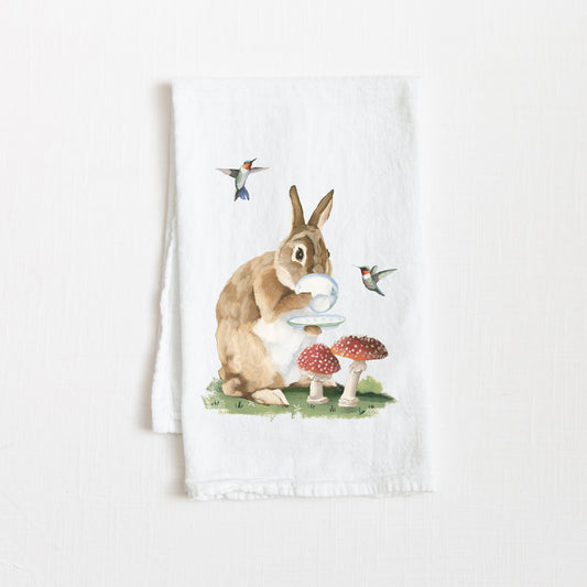 Flour Sack Tea Towel - Rabbit w/ Toadstools and Tea