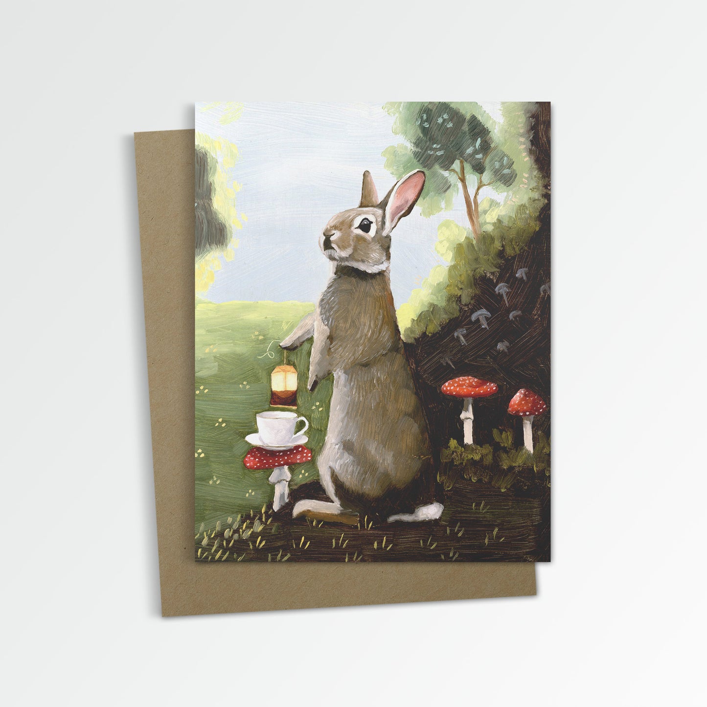 Rabbit w/ Toadstools and Tea Notecard (Blank Inside)