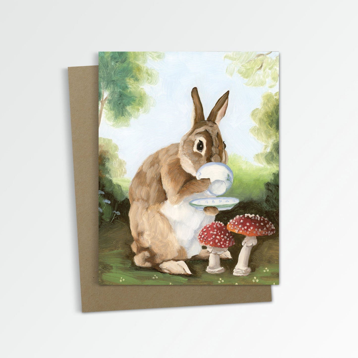 Rabbit w/ Toadstools and Tea Notecard (Blank Inside)