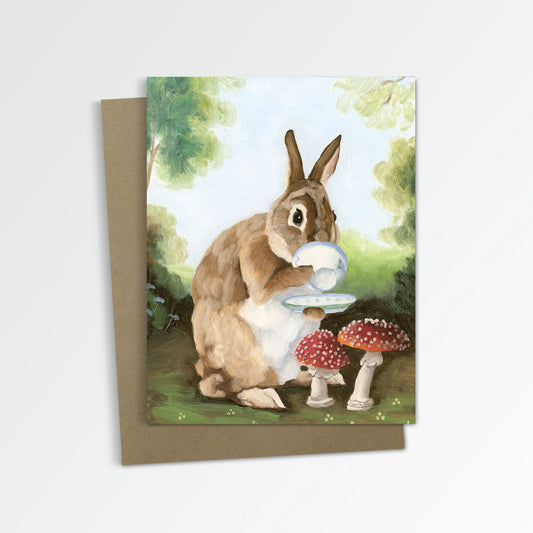 Rabbit w/ Toadstools and Tea Notecard (Blank Inside)