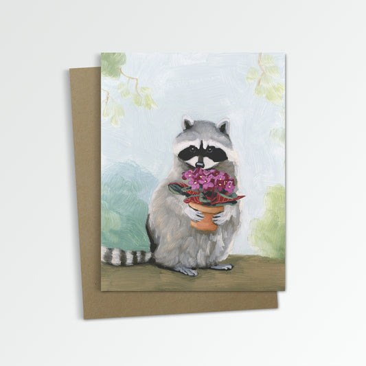 Raccoon w/ African Violet Notecard (Blank Inside)