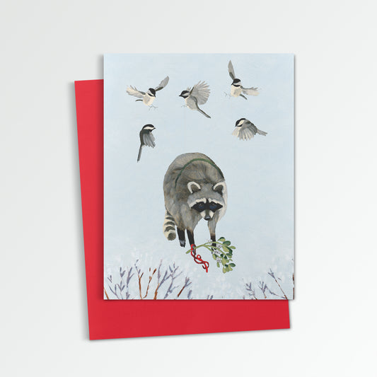 Raccoon, Chickadees & Mistletoe - Holiday Greeting Card