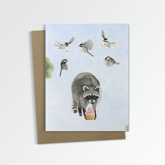 Chickadees and Raccoon w/ Cupcake Notecard (Blank Inside)