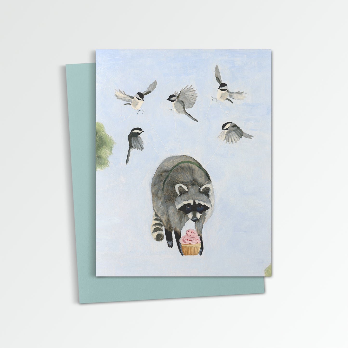 Chickadees and Raccoon w/ Cupcake Notecard (Blank Inside)