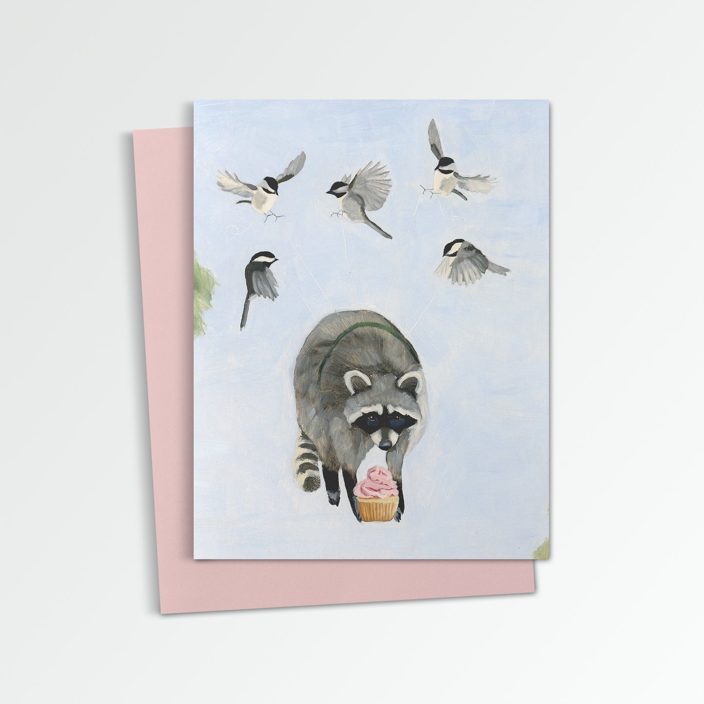 Chickadees and Raccoon w/ Cupcake Notecard (Blank Inside)