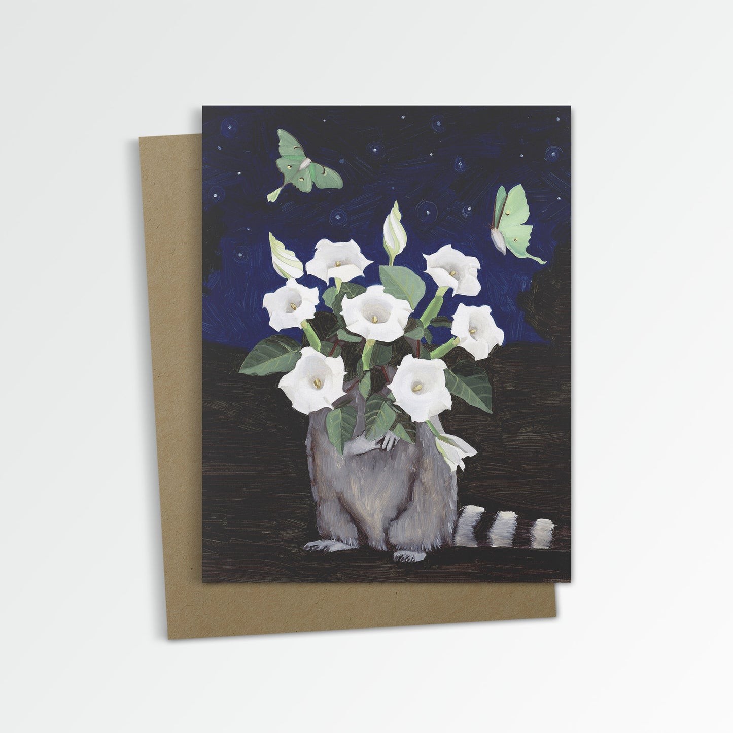 Raccoon w/ Moonflower Notecard (Blank Inside)