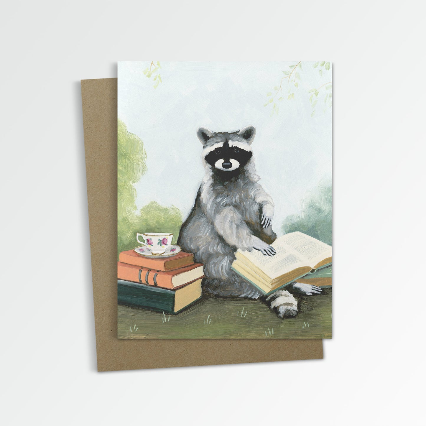 Raccoon w/ Tea and Books Notecard (Blank Inside)