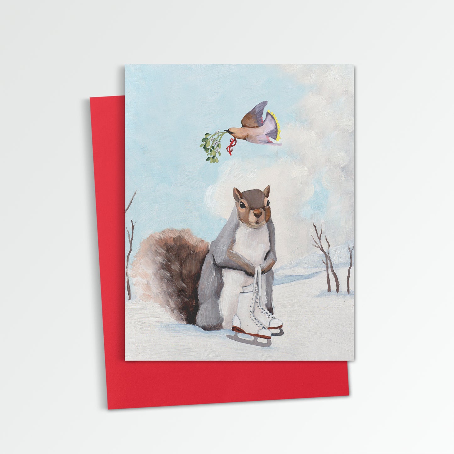 Squirrel w/ Ice Skates & Mistletoe - Holiday Greeting Card