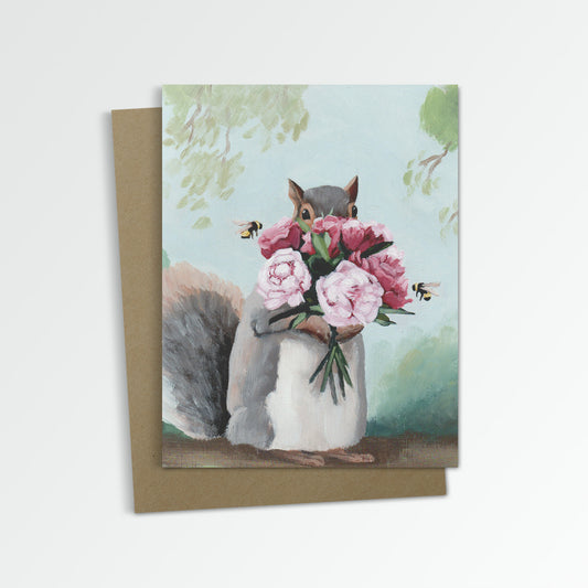 Squirrel w/ Peonies Notecard (Blank Inside)