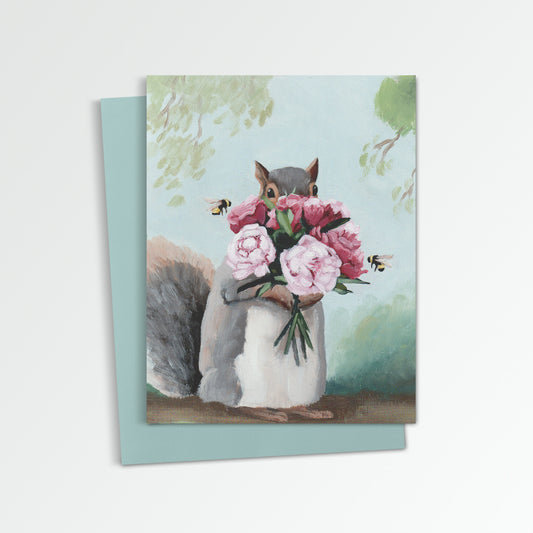 Squirrel w/ Peonies Notecard (Blank Inside)
