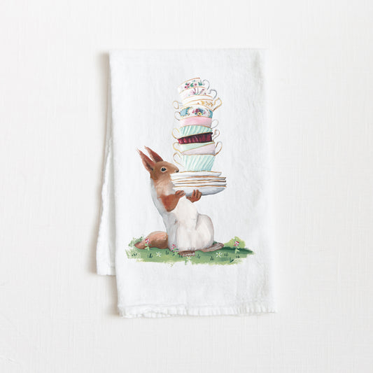 Flour Sack Tea Towel - Squirrel w/ Teacups