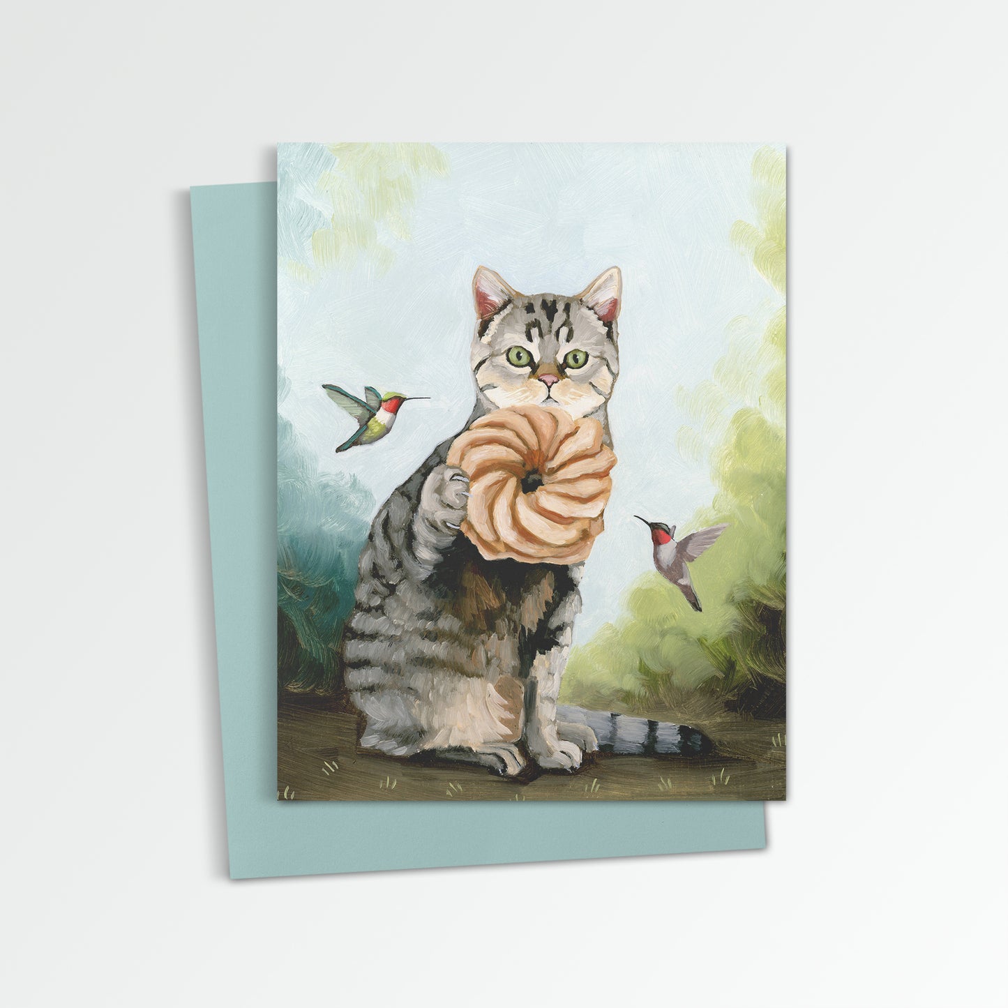 Tabby Cat w/ French Cruller Notecard (Blank Inside)