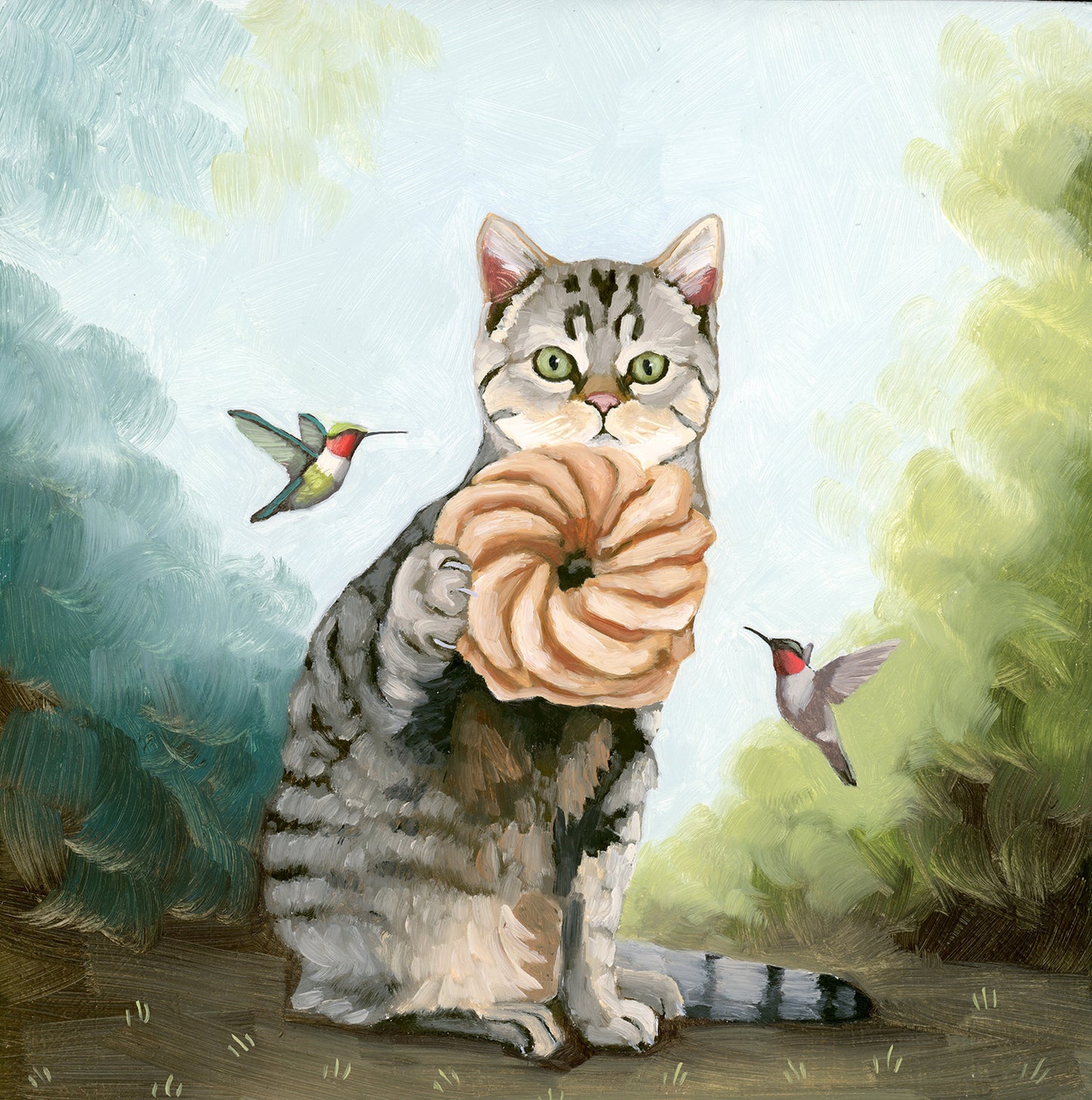 Tabby Cat w/ French Cruller - 8x8 Original Oil Painting