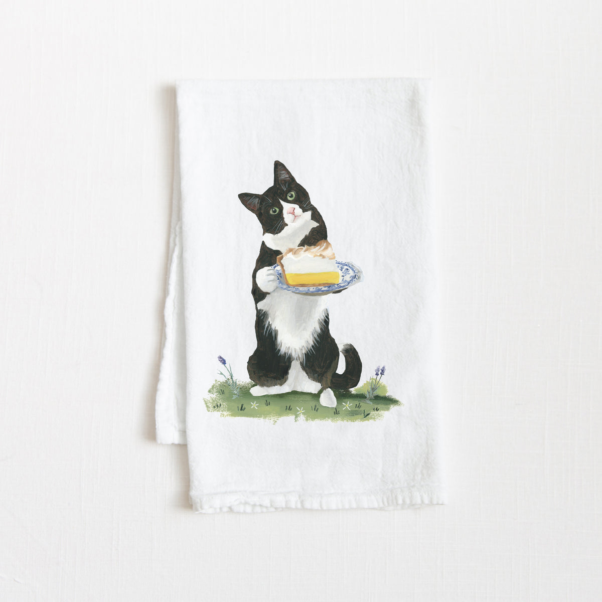Flour Sack Tea Towel - Tuxedo Cat w/ Lemon Meringue Pie
