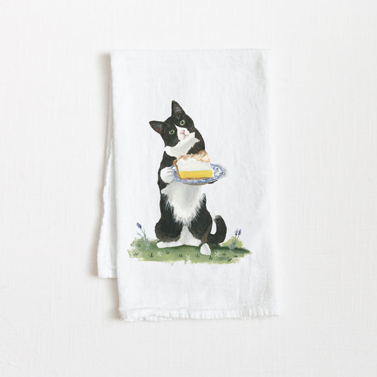 Flour Sack Tea Towel - Tuxedo Cat w/ Lemon Meringue Pie