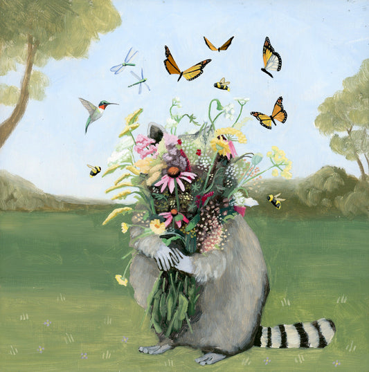 Raccoon w/ Wildflowers - 10x10 Art Print