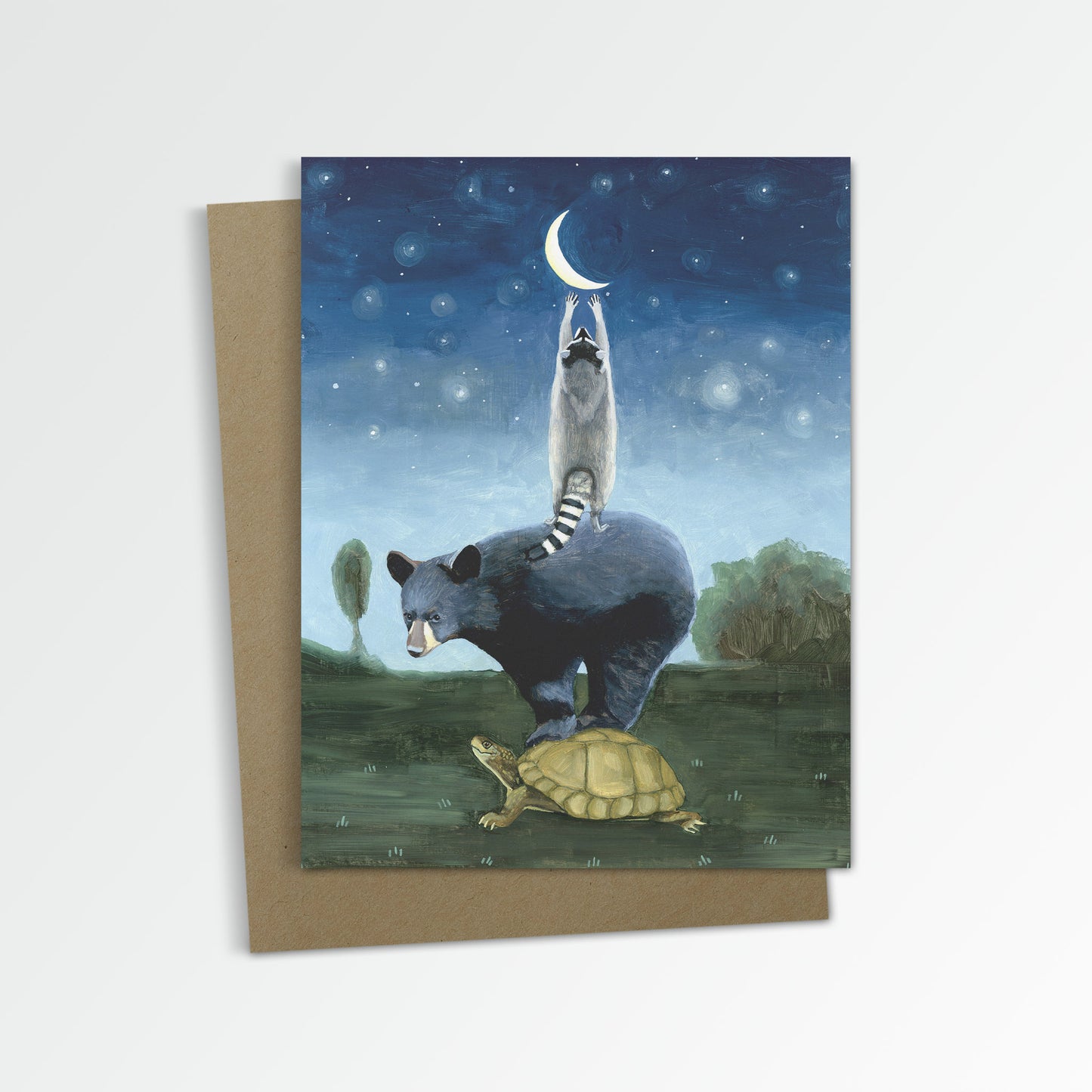 Bear, Turtle, Raccoon Reaching for the Moon Notecard (Blank Inside)