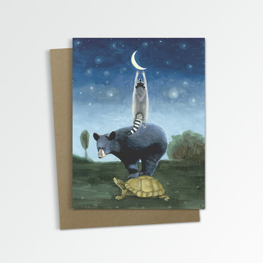 Bear, Turtle, Raccoon Reaching for the Moon Notecard (Blank Inside)