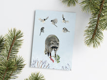 Load image into Gallery viewer, Raccoon, Chickadees &amp; Mistletoe - Holiday Greeting Card