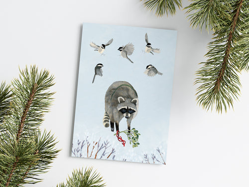 Raccoon, Chickadees & Mistletoe - Holiday Greeting Card