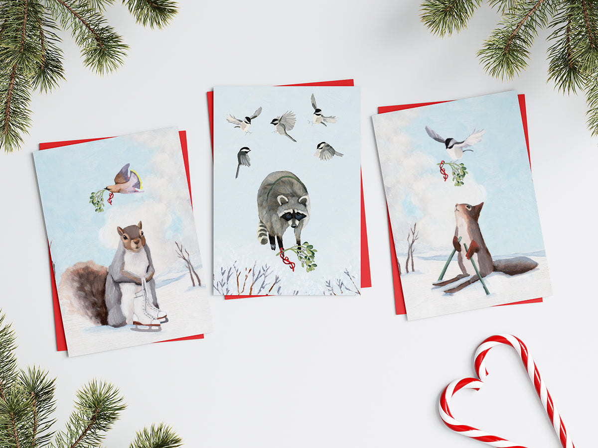 Squirrel Skiing & Mistletoe - Holiday Greeting Card