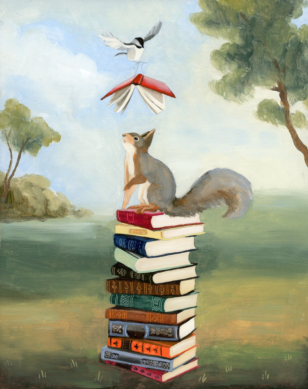 Squirrel and Chickadee w/ Books - Art Print