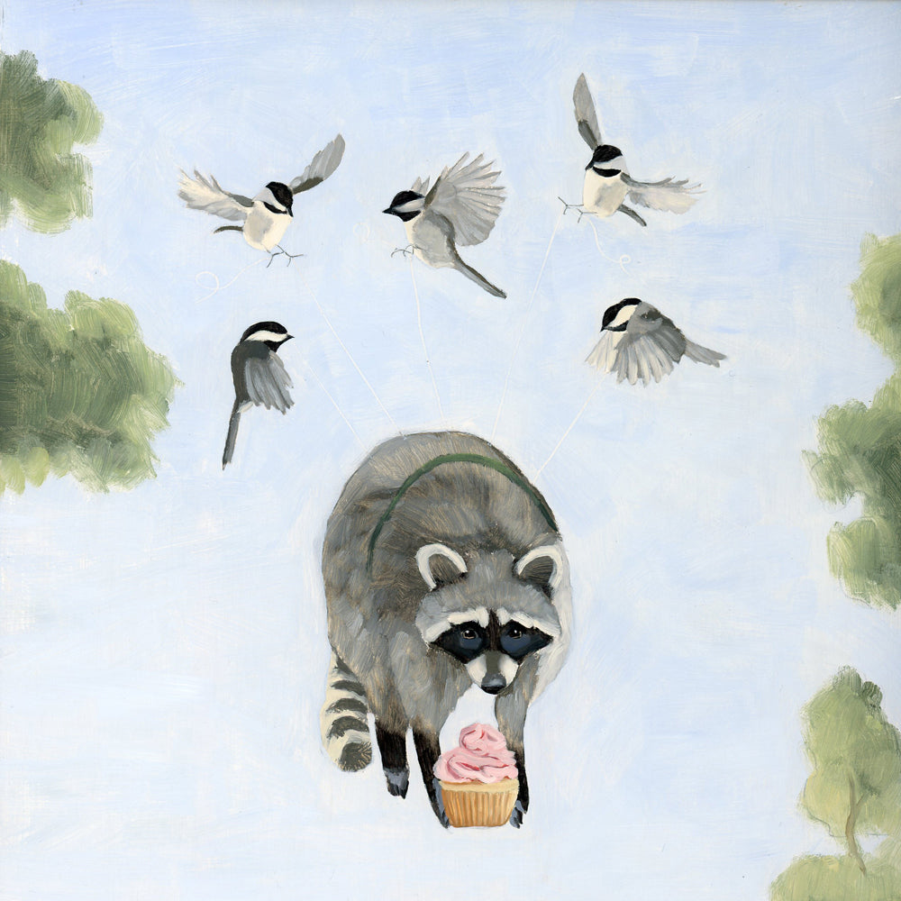 Chickadees and Raccoon w/ Cupcake Art Print (8x8)