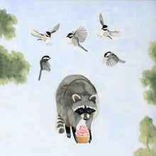 Load image into Gallery viewer, Chickadees and Raccoon w/ Cupcake - Art Print