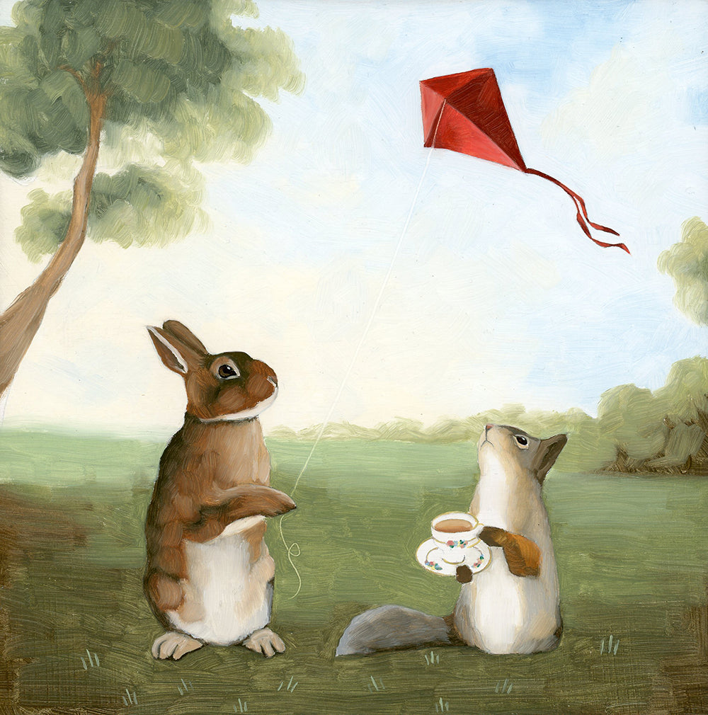 Squirrel and Rabbit Flying a Kite Art Print (8x8)