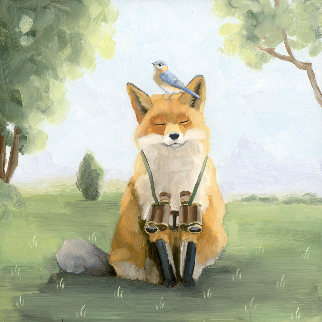 Fox w/ Binoculars - 8x8 original oil painting