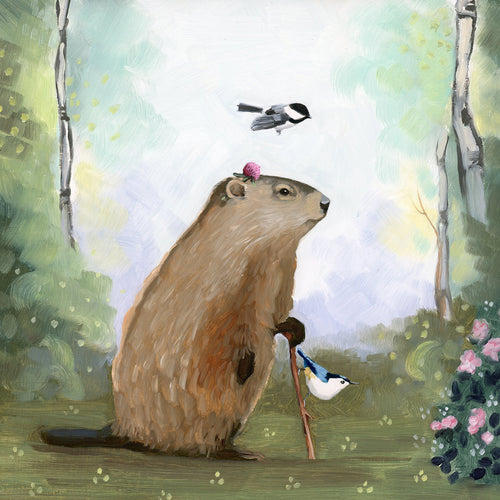 Groundhog w/ Walking Stick - 8x8 original oil painting
