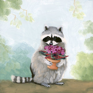 Raccoon w/ African Violet - 8x8 original oil painting