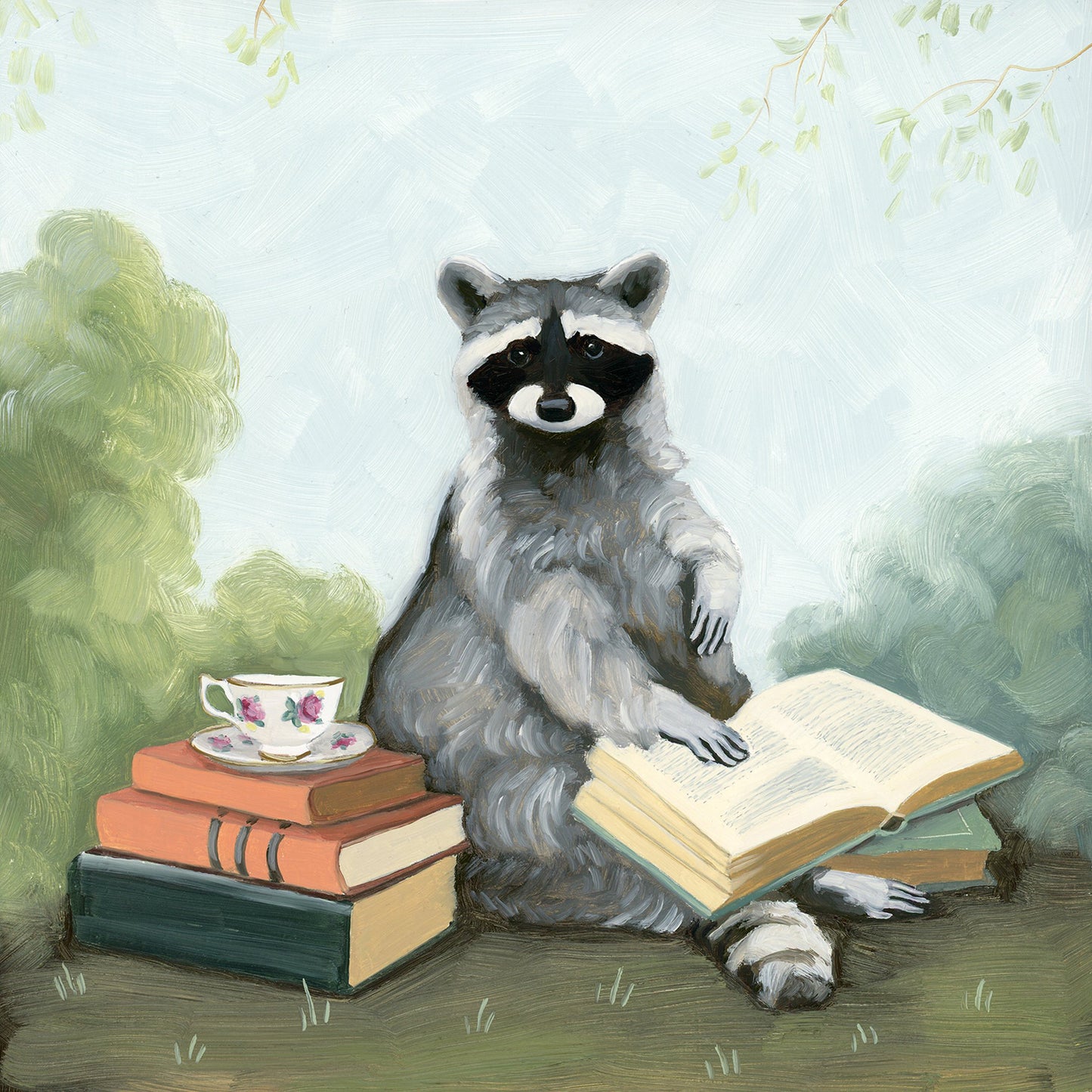 Raccoon w/ Tea and Books Art Print (8x8)