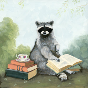 Raccoon w/ Tea and Books - 8x8 original oil painting