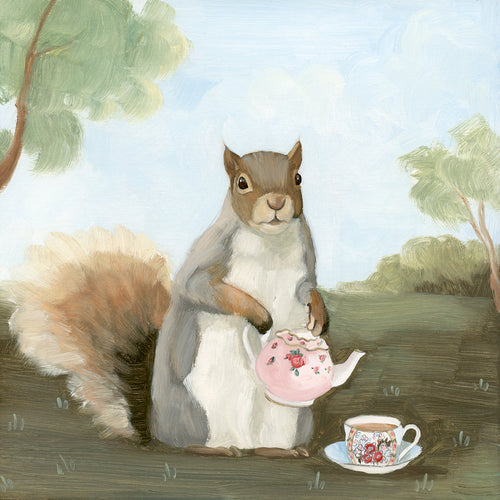 Squirrel Pouring a Cup of Tea - 8x8 original oil painting